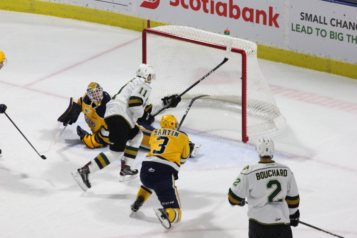 London, Ont. - Connor McMichael (11) of the London Knights recorded a hat trick as London toppled the Erie Otters 8-1 at Budweiser Gardens.