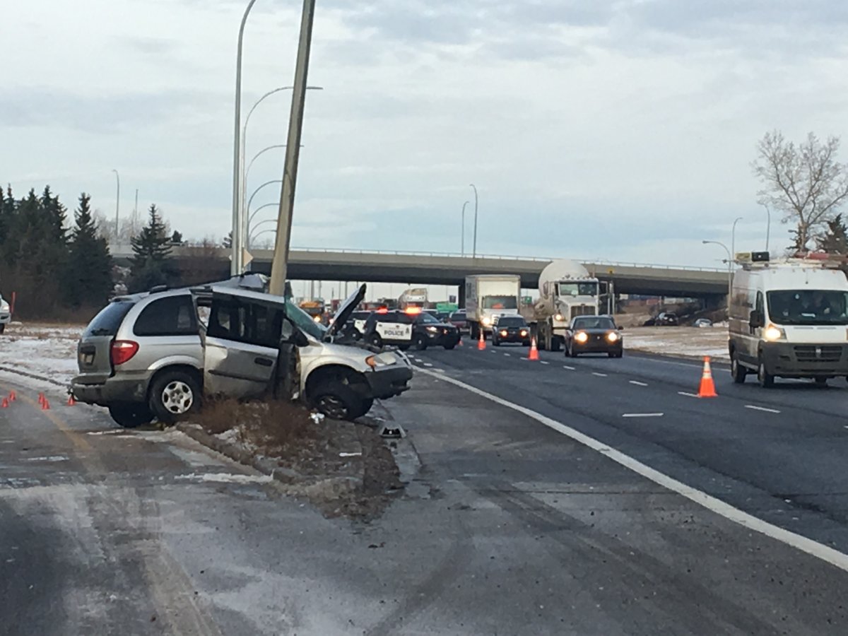 A silver minivan was involved in a collision at Yellowhead Trail and Victoria Trail Monday morning on the east side of Edmonton, Alta. November 19, 2018. .