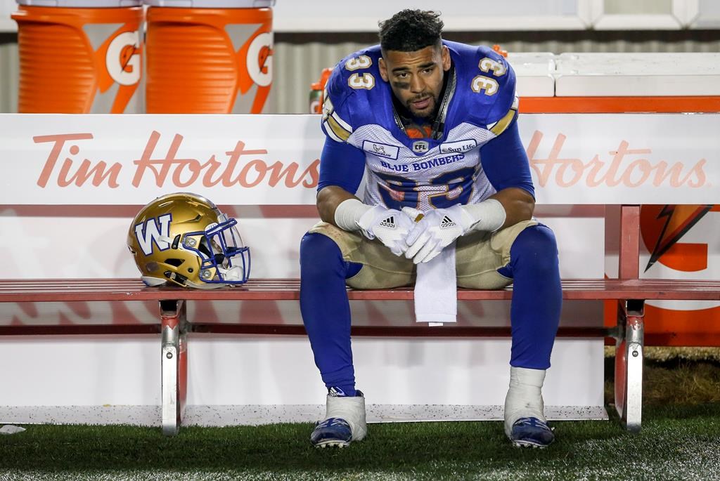 Winnipeg Blue Bombers' Andrew Harris, reacts to losing to the Calgary Stampeders following the CFL West Final football game in Calgary, Sunday, Nov. 18, 2018.