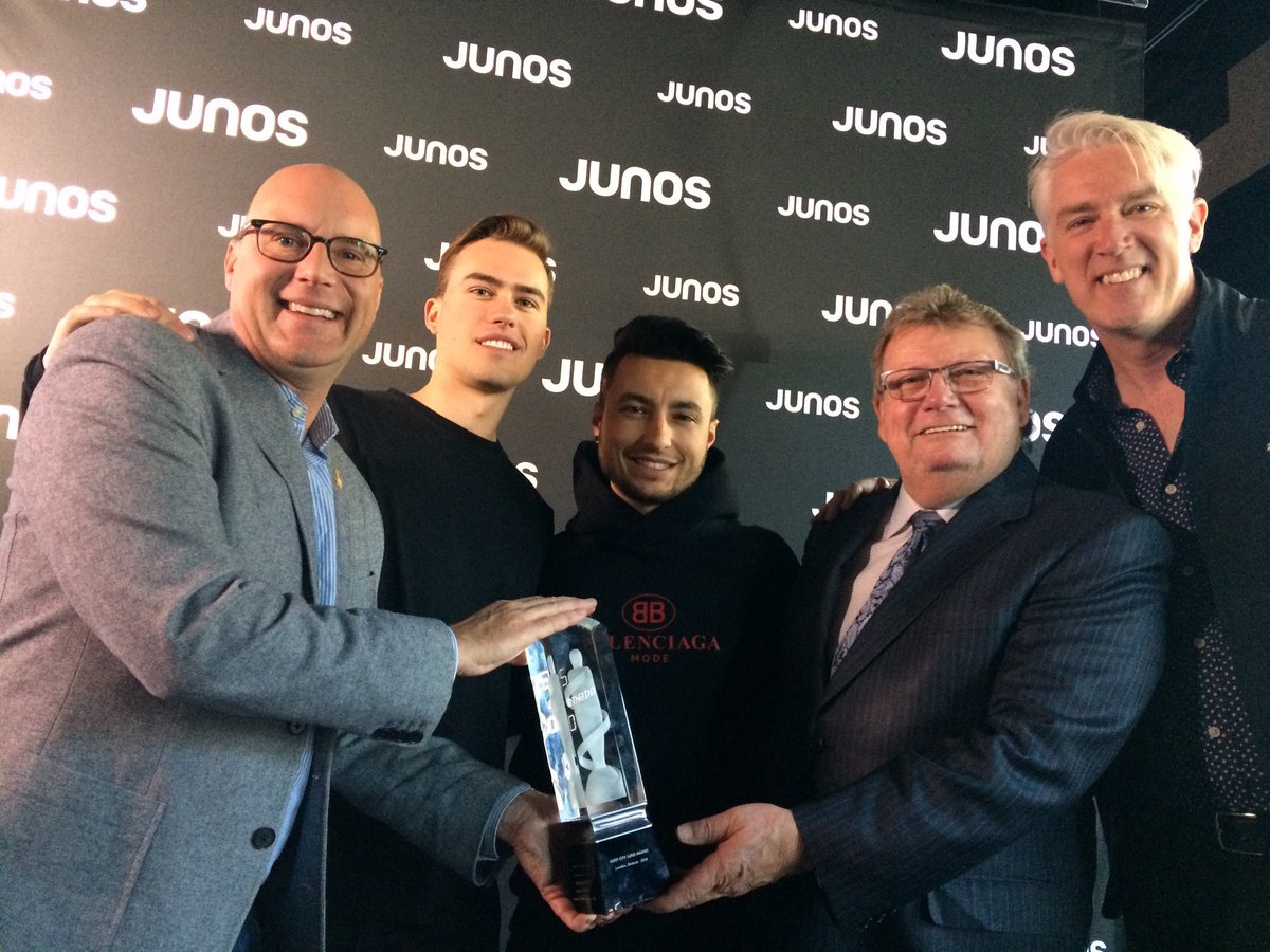 From left to right: Mayor Matt Brown, Andrew Fedyk, Joe De Pace, Mayor-elect Ed Holder, and JUNO president Allan Reid.