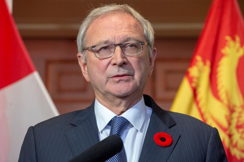 New Brunswick Progressive Conservative Leader Blaine Higgs answers questions from the media after meeting with Lieutenant Governor of New Brunswick Jocelyne Roy-Vienneau at Government House in Fredericton on Friday, Nov. 2, 2018.