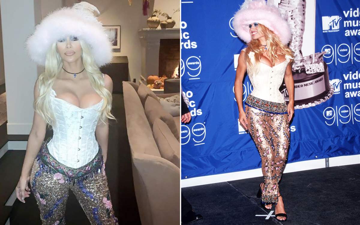 Kim Kardashian, left, as Pamela Anderson and Pamela Anderson, right, at the MTV Video Music Awards on Sept. 9, 1999 in New York City.