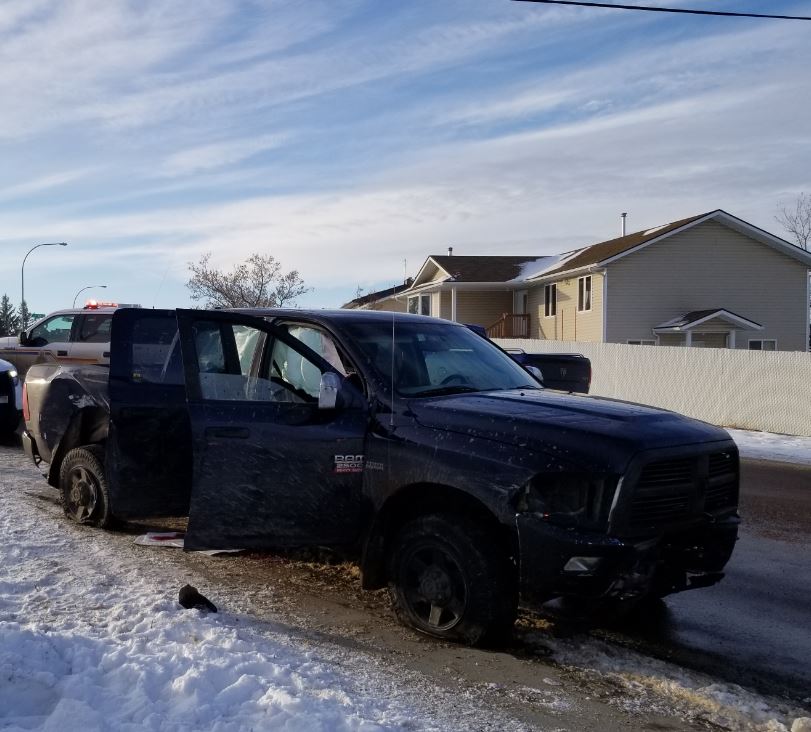 The suspect truck after police stopped the vehicle using a spike belt in Lac La Biche, Alta. Thursday, Nov. 22, 2018.