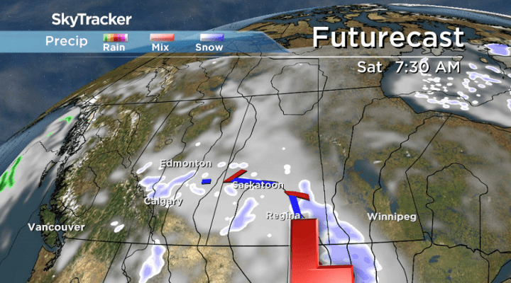 Lingering snow is likely early Saturday behind a system swinging through Saskatchewan.