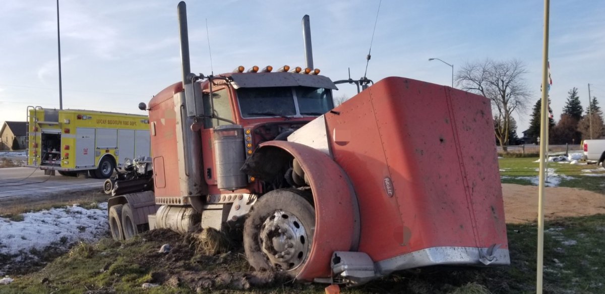 A tractor trailer sits in the east ditch of Richmond Street (Highway 4) following Friday's two-vehicle collision in Lucan Biddulph.