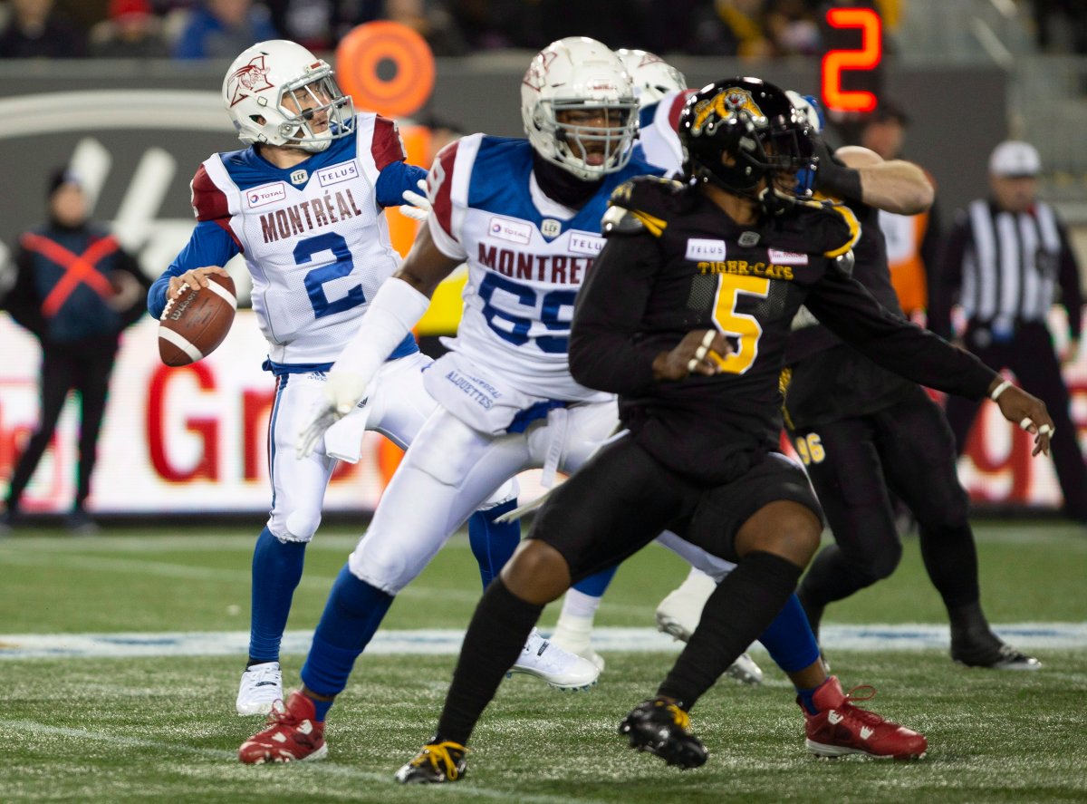 Montreal Alouettes quarterback Johnny Manziel (2) sets to throw for a touchdown during the first half CFL Football game action against the Hamilton Tiger-Cats in Hamilton, Ont. on Saturday, November 3, 2018.