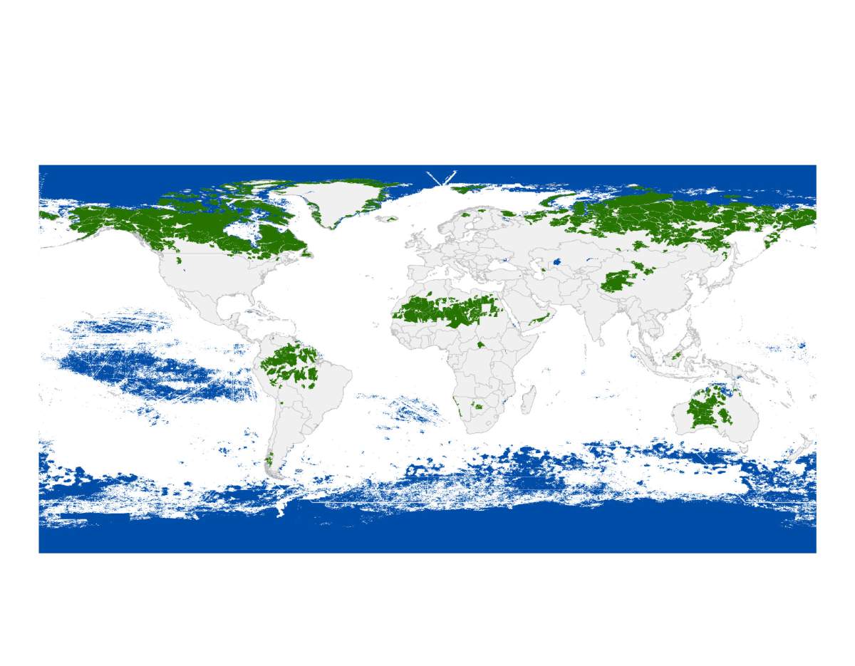 Map of the world showing the last wild spaces on land (in green) and in water (in blue).