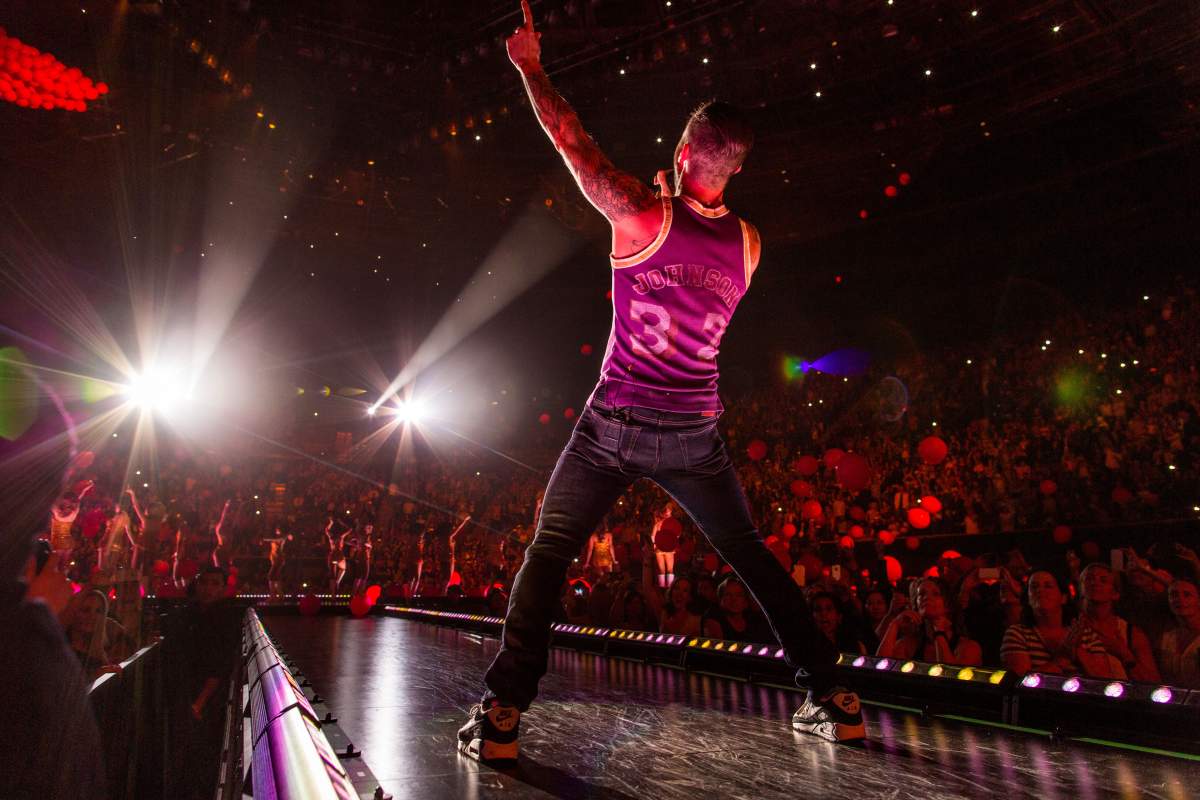 Adam Levine of Maroon 5 performs during their encore at The Forum on April 4, 2015, in Inglewood, Calif.