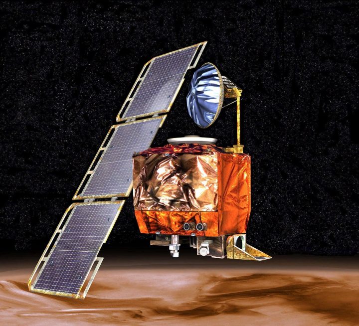 The Mars Climate Orbiter, shown in this illustration, went into orbit around the red planet and became the first interplanetary weather satellite, and also a communications relay for the next lander mission to explore Mars.
