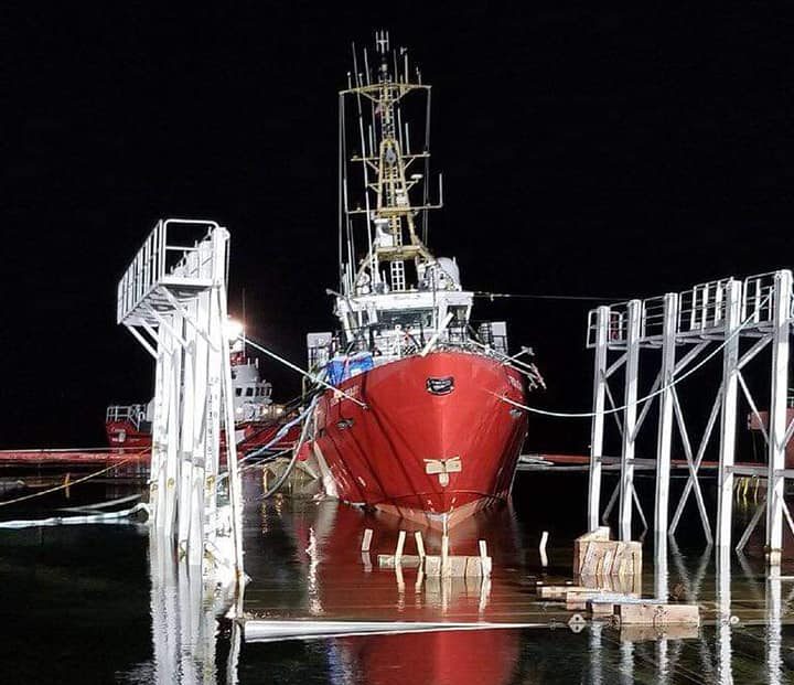 A photo of CCGS McLaren upright after being refloated on Nov. 26, 2018.