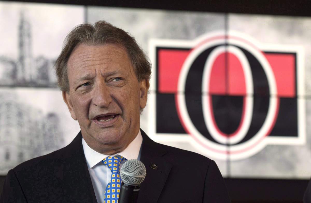 Ottawa Senators owner Eugene Melnyk speaks with the media in Ottawa on September 7, 2017.