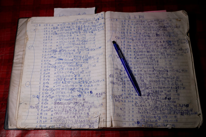 A notebook of 26-year-old Chen Hong-zhi, who suffers from short-term memory loss, shows his daily notes at his home in Hsinchu, Taiwan, July 31, 2018.