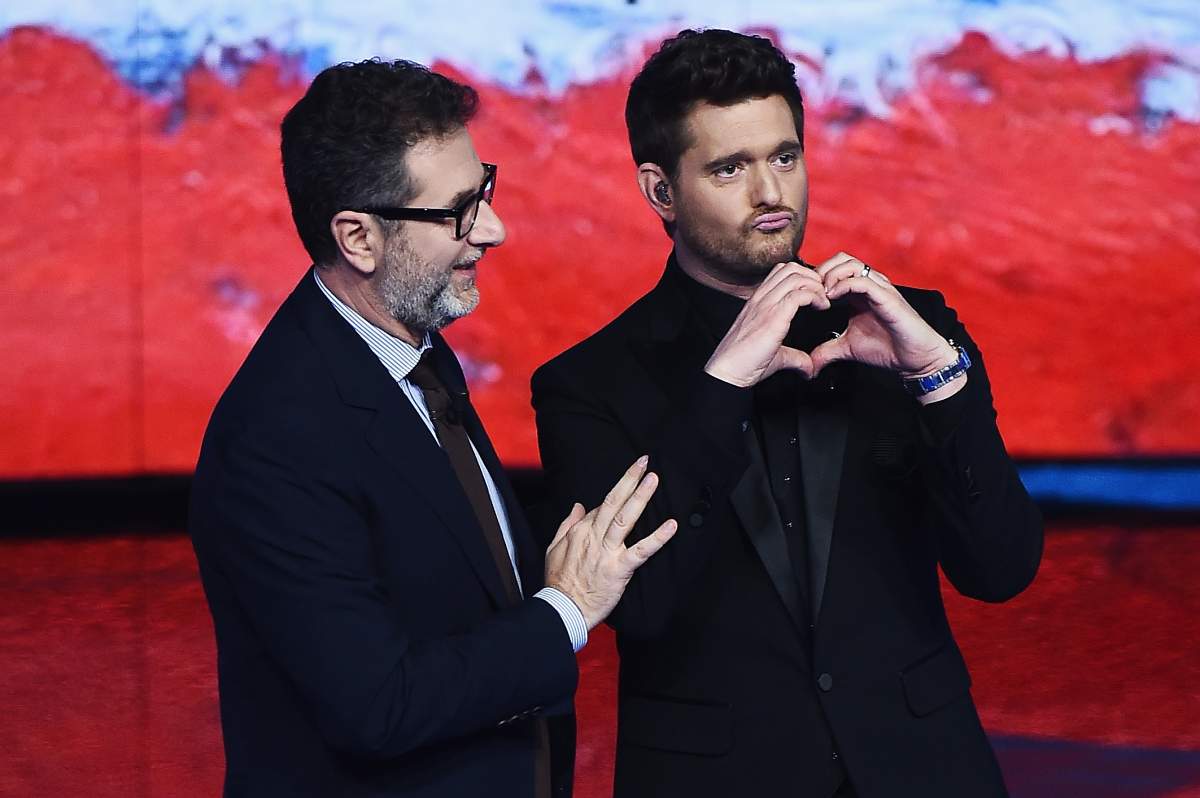 (L-R) Fabio Fazio and Michael Bublé during a taping of the ‘Che Tempo Che Fa’ show on Nov. 4, 2018 in Milan, Italy.