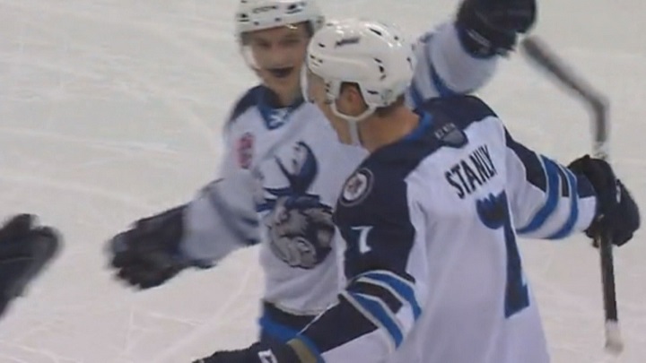 The Manitoba Moose celebrate Logan Stanley’s first professional goal against the Grand Rapids Griffins.