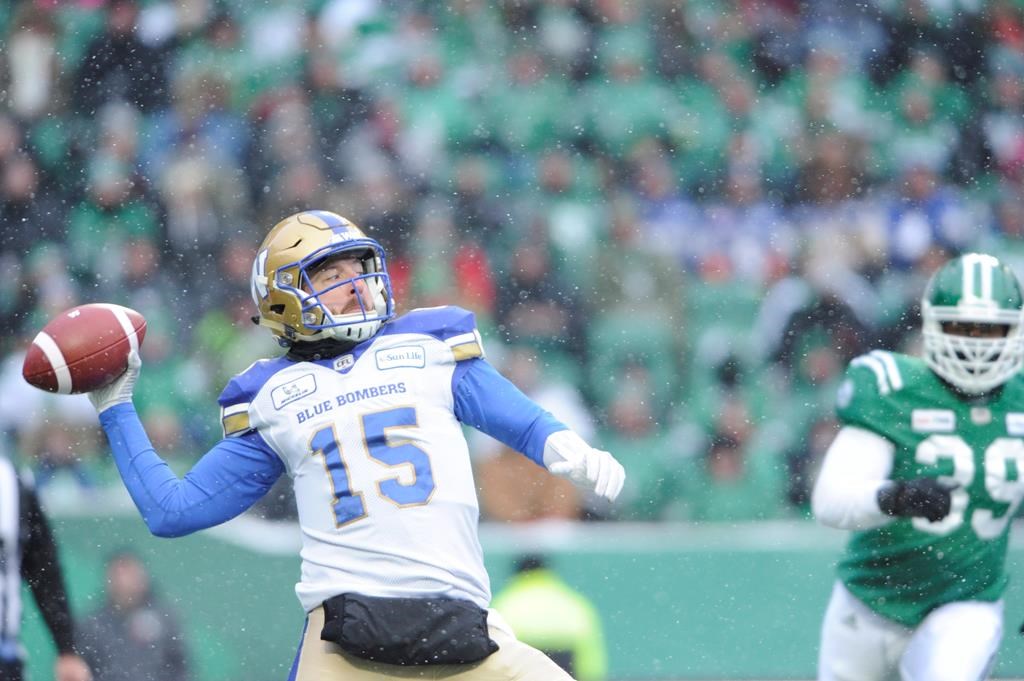 Winnipeg Blue Bombers quarterback Matt Nichols attempts a pass against the Saskatchewan Roughriders during first half CFL West Division semi-final action in Regina on Sunday, Nov. 11, 2018. THE CANADIAN PRESS/Mark Taylor.