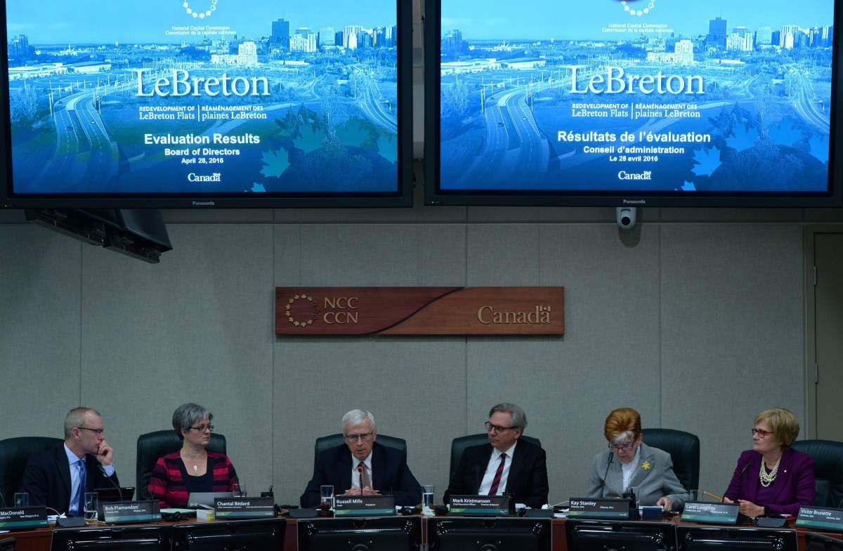 The National Capital Commission hears the results from the evaluation committee regarding the LeBreton Flats redevelopment in Ottawa on Thursday, April 28, 2019. THE CANADIAN PRESS/Sean Kilpatrick.