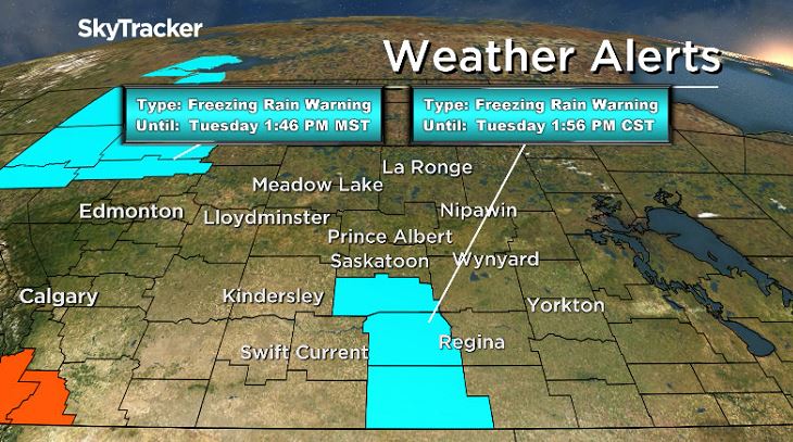 Parts of Saskatchewan under a freezing rain warning, special weather statement for other parts of the province including Saskatoon and Regina.