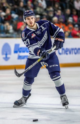 Newly acquired Saskatoon Blades defenceman Nolan Kneen plays in a recent game as a member of the Kamloops Blazers.