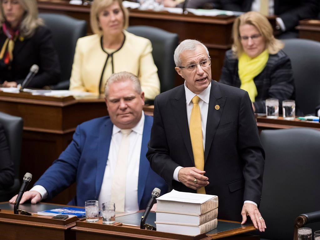 Vic Fedeli, Ontario minister of finance, tables the government's Fall Economic Statement for 2018-2019 at Queen's Park in Toronto on Thursday, Nov. 15, 2018.