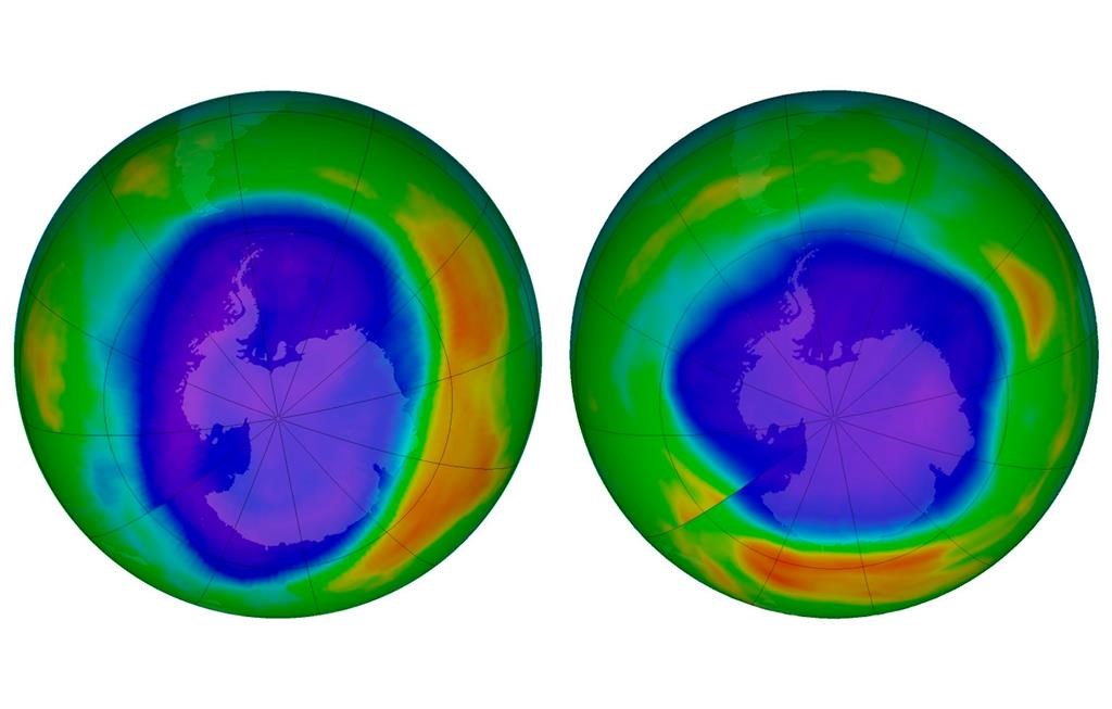 This combination of images made available by NASA shows areas of low ozone above Antarctica on September 2000, left, and September 2018.