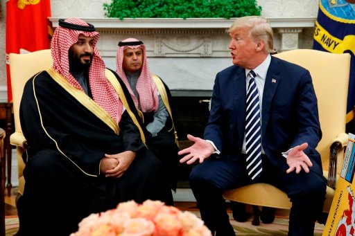 FILE – In this March 20, 2018, file photo, President Donald Trump meets with Saudi Crown Prince Mohammed bin Salman in the Oval Office of the White House in Washington. The prince and Trump are attending the upcoming Group of 20 summit in Argentina. (AP Photo/Evan Vucci, File)
