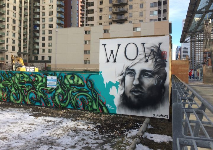 Calgary artist Alex Kwong brightened the mood and the CTrain platform with a painting of Owen Wilson.