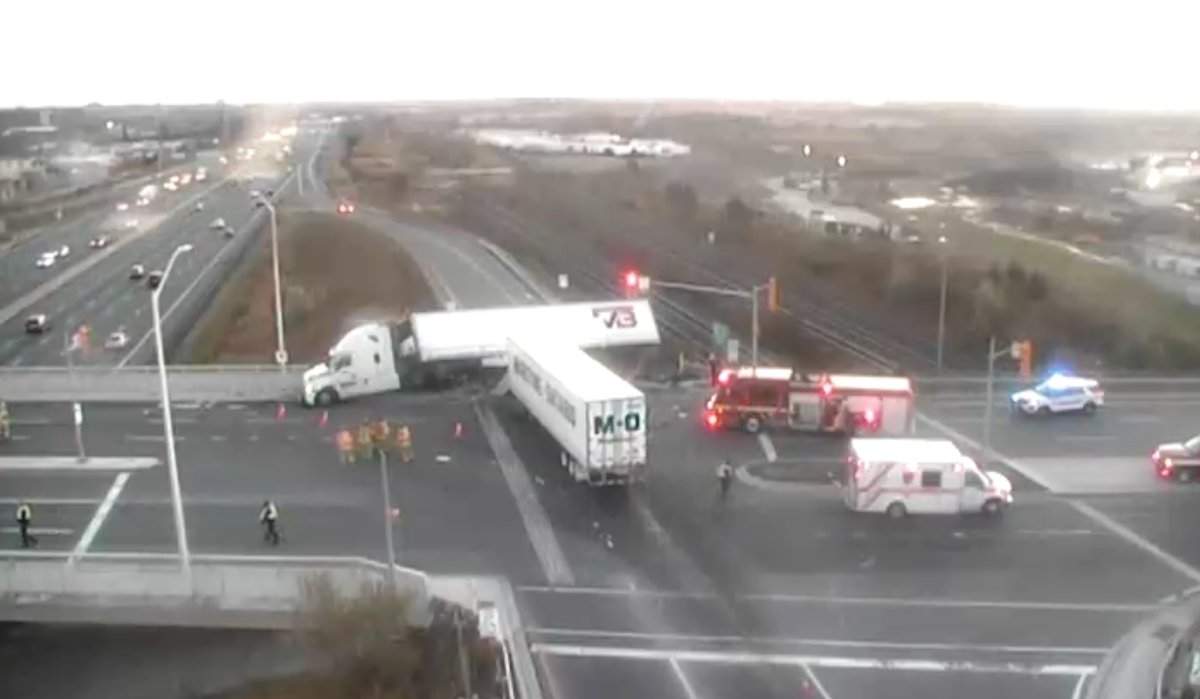Two tractor trailers collided in Pickering Saturday morning seriously injuring one man.