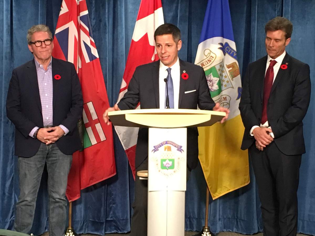 Mayor Brian Bowman flanked by outgoing police board chair David Asper and newly-nominated Kevin Klein.