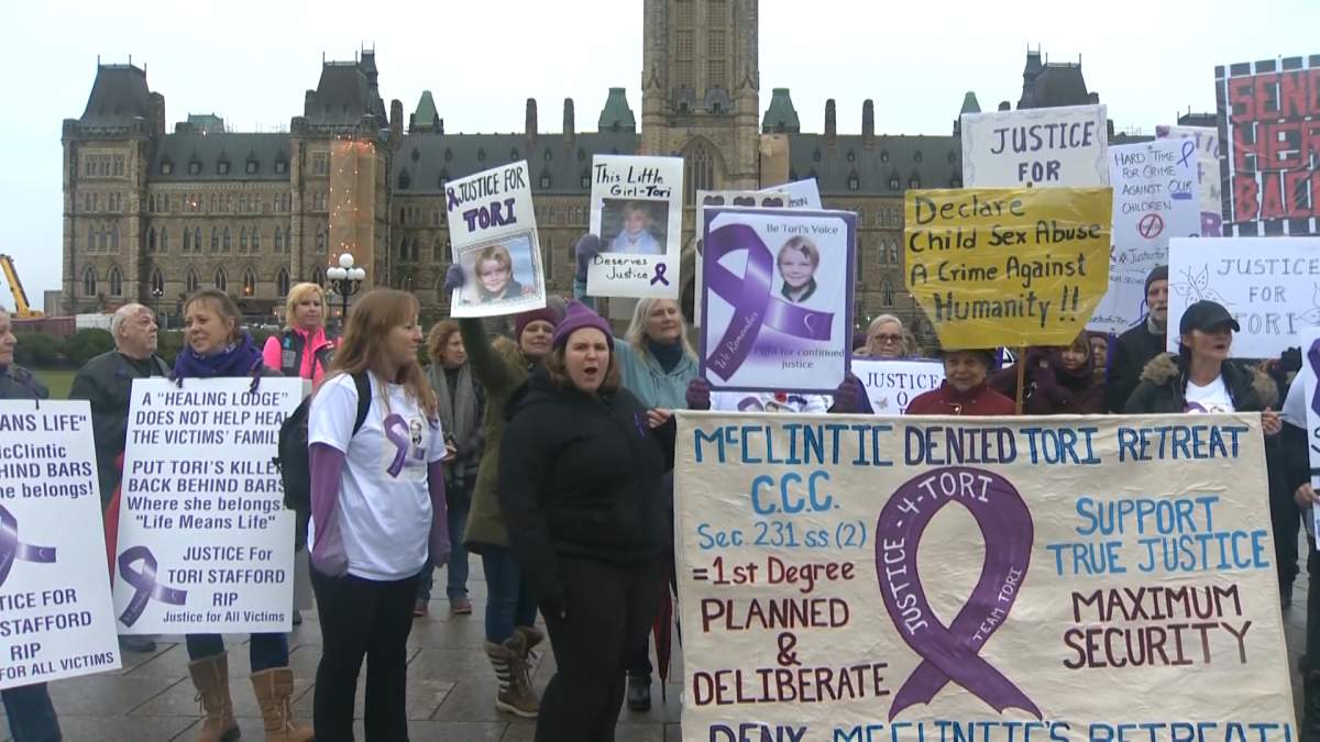 Activists on Parliament Hill protest the transfer of convicted child-killer Terri-Lynne McClintic to a healing lodge.