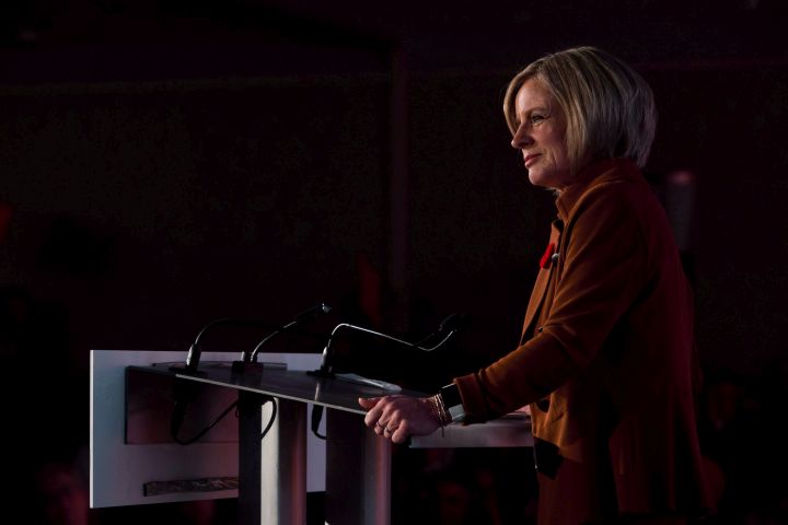 Rachel Notley speaks during the Alberta NDP Convention in Edmonton on Sunday, Oct. 28, 2018. Premier Rachel Notley handed out a carbon tax break for drillers and criticism of Ottawa's lack of appreciation of current discounts on western Canadian oil. 
