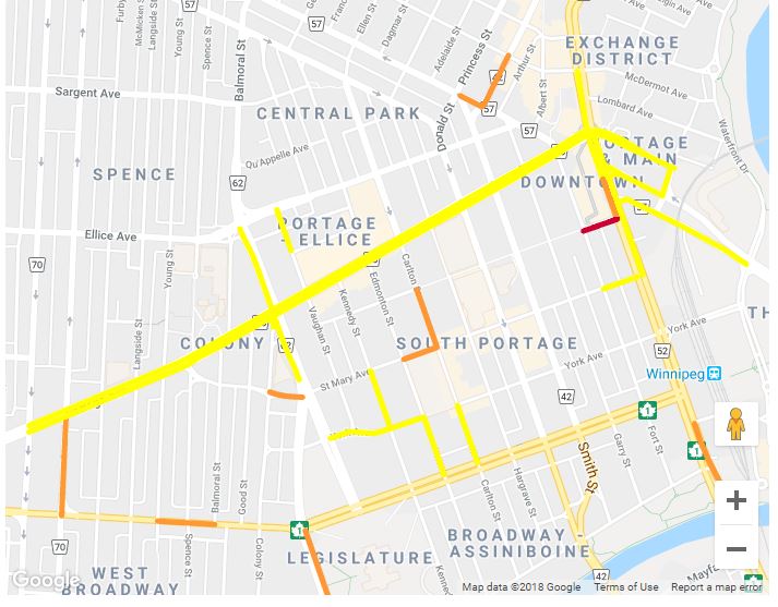 Yellow sections on a map included on City of Winnipeg website show the roads closed for the parade Saturday.
