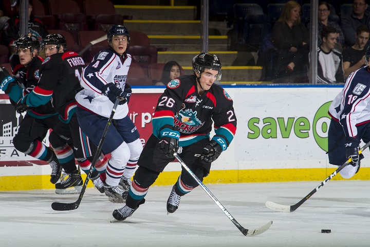 Liam Kindree of the Kelowna Rockets skates for the puck during WHL action on October 13, 2018, against the Tri-City Americans at Prospera Place in Kelowna. Tri-City won 5-4.