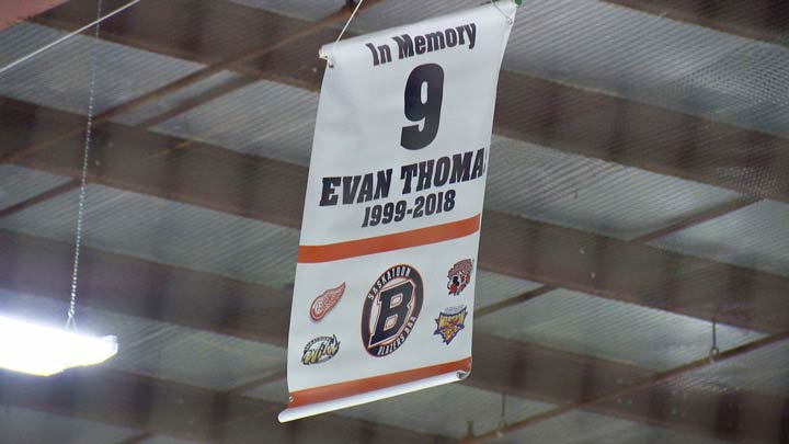 The Saskatoon Blazers held their first-ever jersey retirement as No. 9 of Evan Thomas was raised to the rafters on home ice.