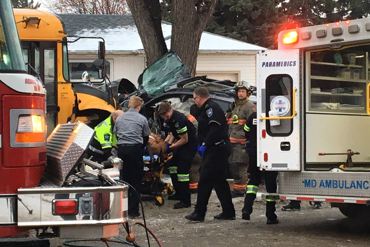 The driver of an SUV and several students were injured after a collision between the vehicle and a school bus in Saskatoon on Nov. 15, 2018.