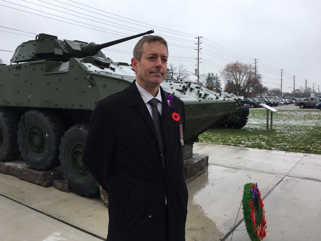 Sean Wilson, brother of London Trooper Mark Wilson, who was killed in October 2006 by an improvised explosive device in Afghanistan, stands in front of the new LAV III Monument unveiled Friday, Nov. 9 at the Royal Canadian Regiment Museum on Oxford Street.
