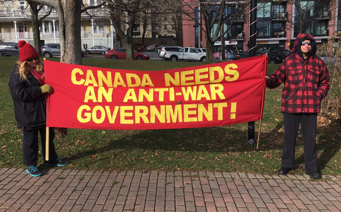 Protesters outside the Halifax International Security Forum say Canada needs an anti-war government. 