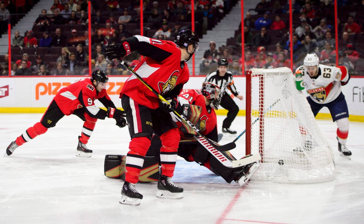 Florida Panthers right wing Evgenii Dadonov (63), right, scores a goal on Ottawa Senators goaltender Craig Anderson (41) during first period NHL hockey action in Ottawa on Monday, Nov. 19, 2018.
