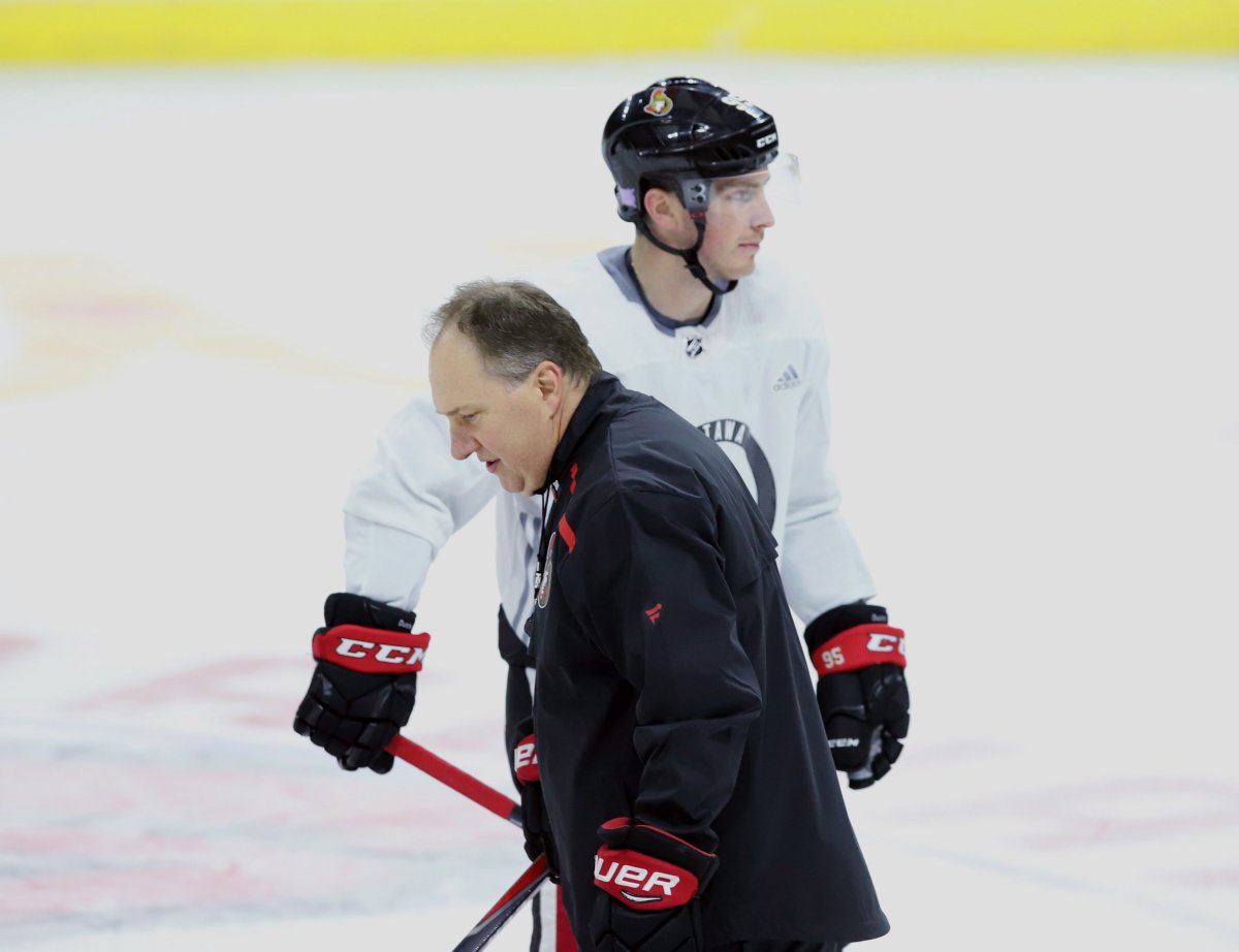 Ottawa Senators assistant coach Martin Raymond (left) and forward Matt Duchene are shown during a team practice in Ottawa on Tuesday, November 6, 2018. The Ottawa Senators appeared to fire another salvo in their ongoing battle with the Ottawa Citizen on Friday by declining to allow one of the newspaper's sports reporters to travel on the team's charter to Florida.The development came two days after the newspaper said it would not take down a secretly recorded video of several Senators players despite a legal notice insisting that leaving it online violates provincial privacy laws. THE CANADIAN PRESS/Fred Chartrand.