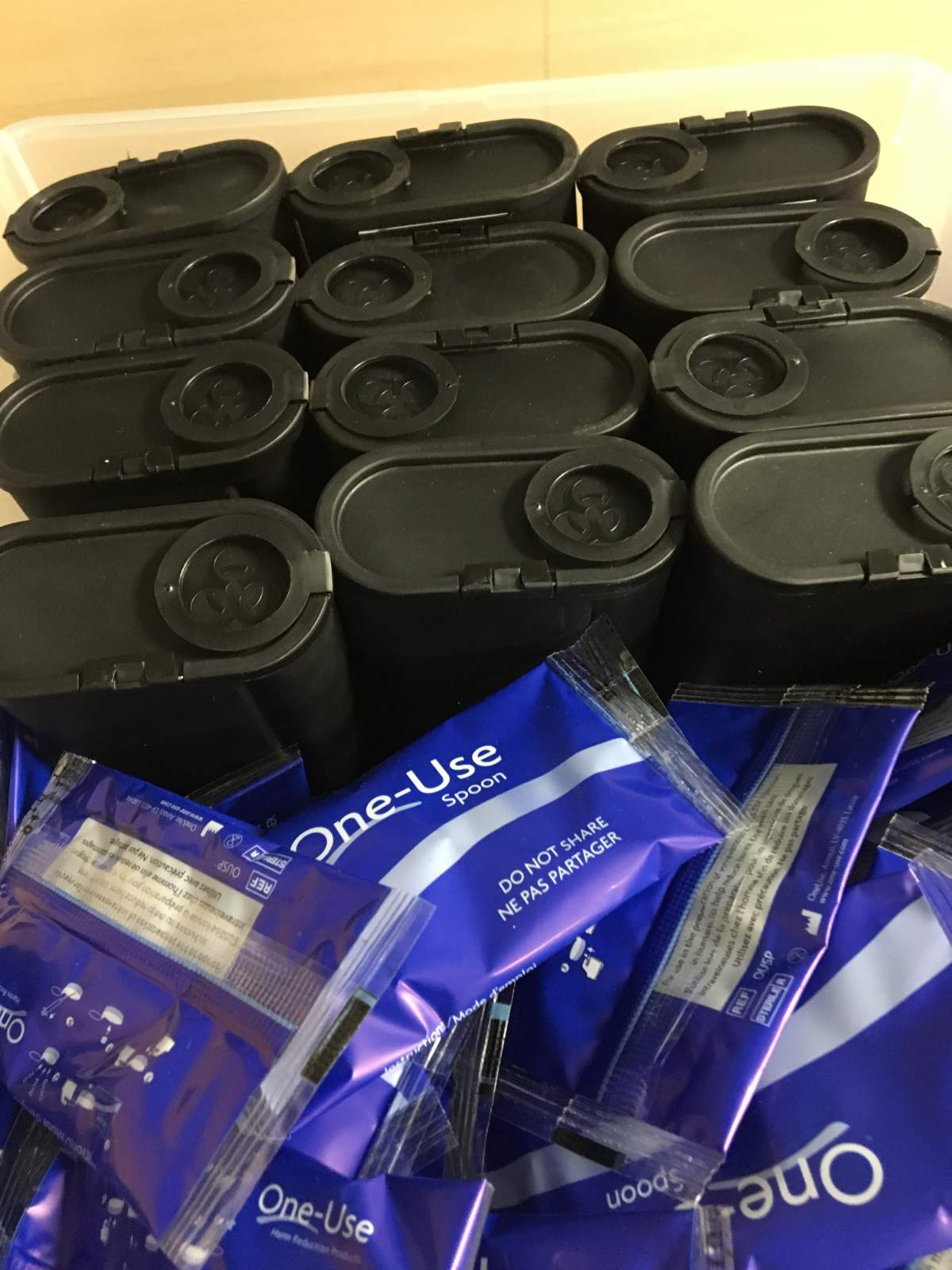 Drug users are allowed to take clean supplies from supervised consumption sites in Edmonton. Along with needles and naloxone kits, safe disposal containers are provided.