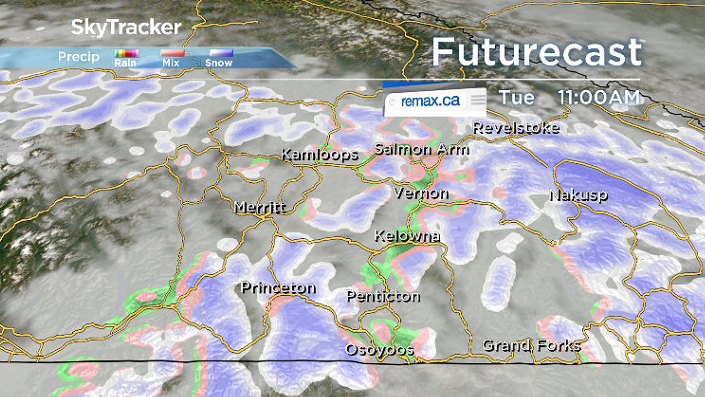 Showers are expected at times during the day on Tuesday in the Okanagan.