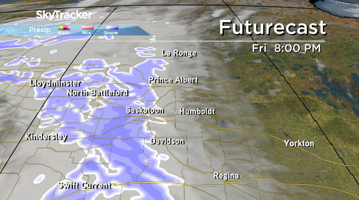Snow slides back in Friday evening in the Saskatoon area with the next system swinging through.