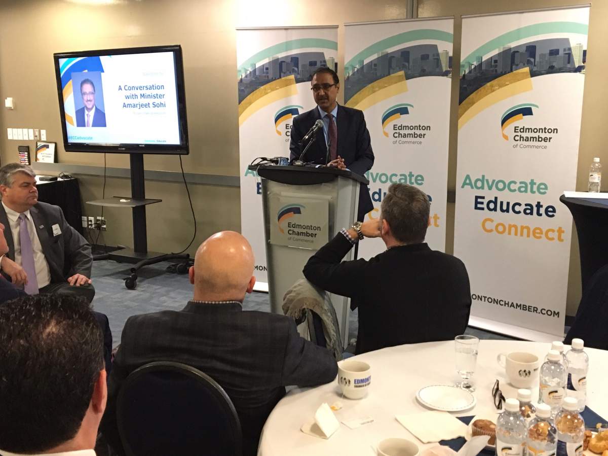 Amarjeet Sohi discussing Ottawa’s fall economic statement and what it means for Alberta’s economic future before the Edmonton Chamber of Commerce on Friday, Nov. 30, 2018.