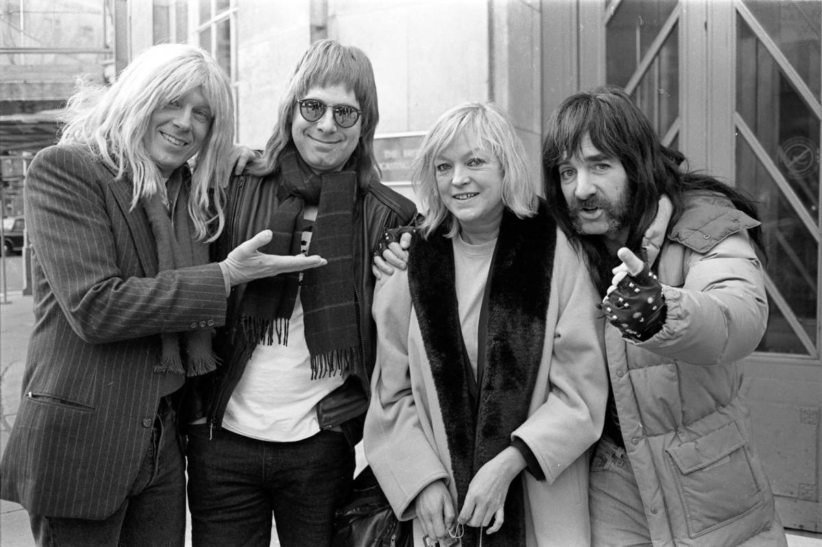 Spinal Tap pose with BBC DJ Annie Nightingale, Broadcasting House, London, 1992.