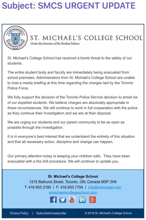 A copy of an email sent out by St. Michael’s College School to parents on Monday.