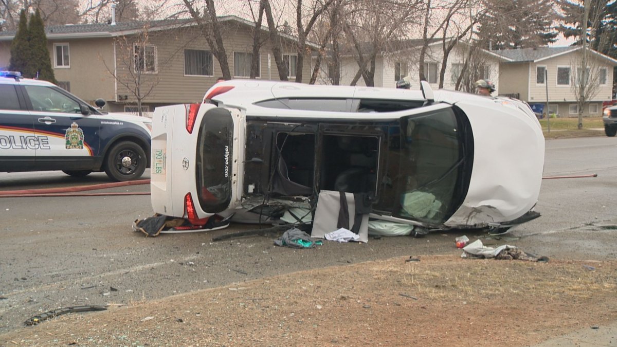 Saskatoon police said a vehicle reported stolen crashed into a power pole after running over stop sticks.