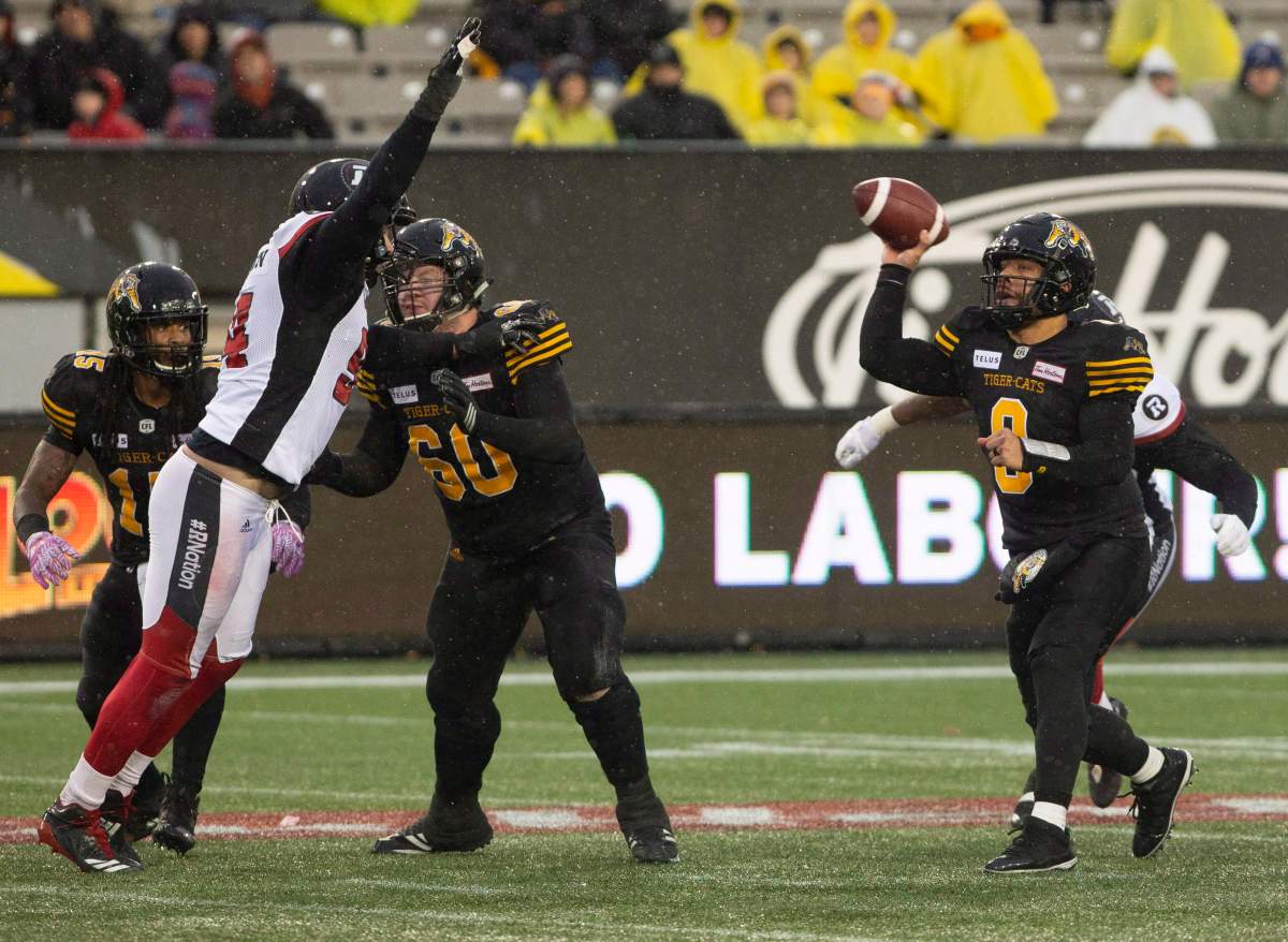 Hamilton Tiger-Cats quarterback Jeremiah Masoli (8) throws during first half CFL Football game action against the Ottawa Redblacks in Hamilton on Saturday, October 27, 2018.