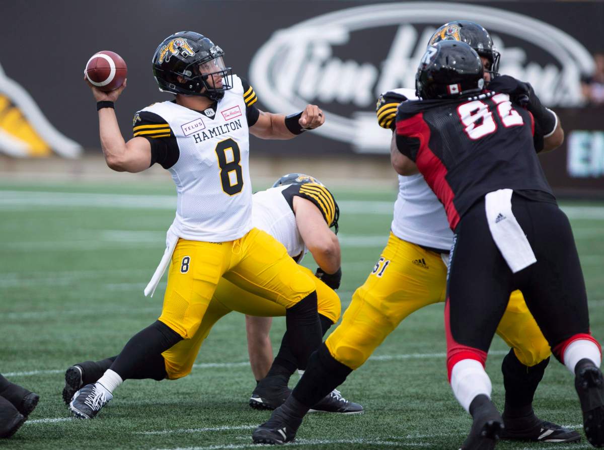 Hamilton Tiger-Cats quarterback Jeremiah Masoli (8) throws during first half CFL football game action against the Ottawa Redblacks in Hamilton, Ont., on Saturday, July 28, 2018.