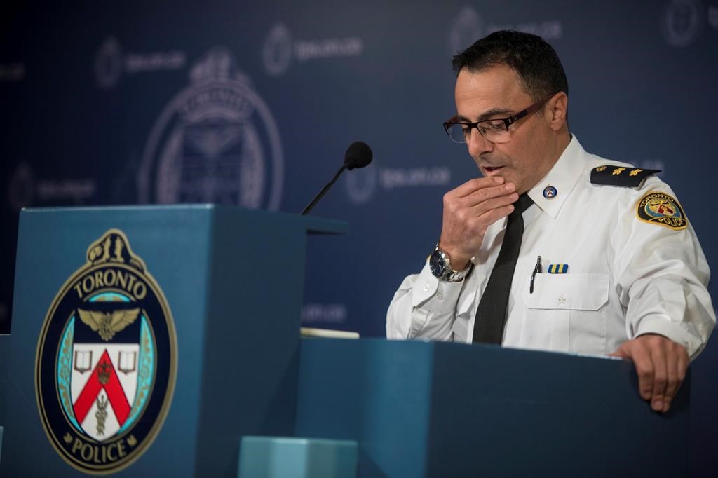 Insp. Dominic Sinopoli, unit commander of sex crimes, speaks about the alleged assaults and sexual assaults involving students at St. Michael's College School during a press conference at police headquarters in Toronto on Monday, November 19, 2018. THE CANADIAN PRESS/ Tijana Martin.