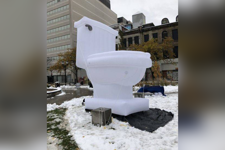 A 15ft inflatable toilet is in Hamilton's Gore Park until 1 p.m. Friday to raise awareness about a global sanitation crisis.