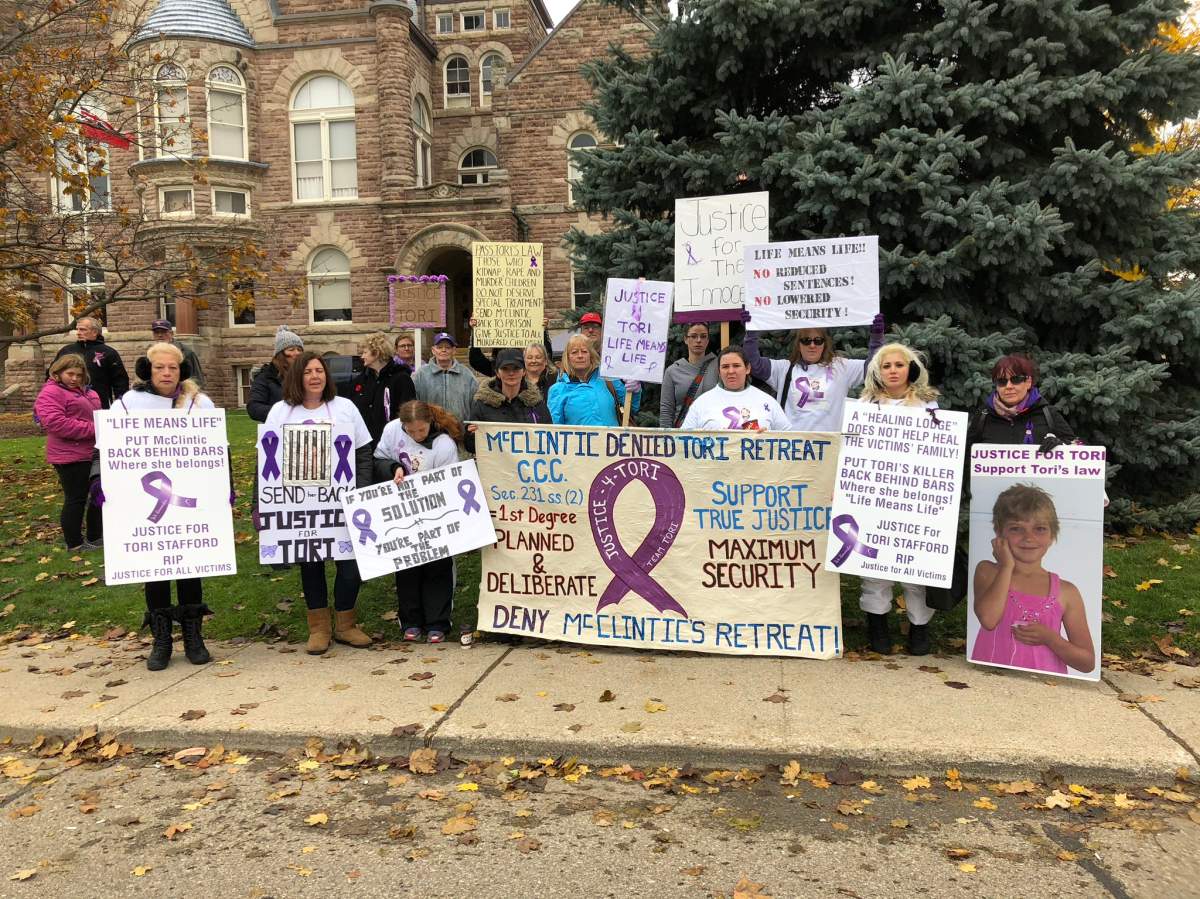 Friends and family of Tori Stafford gather outside the Woodstock courthouse.